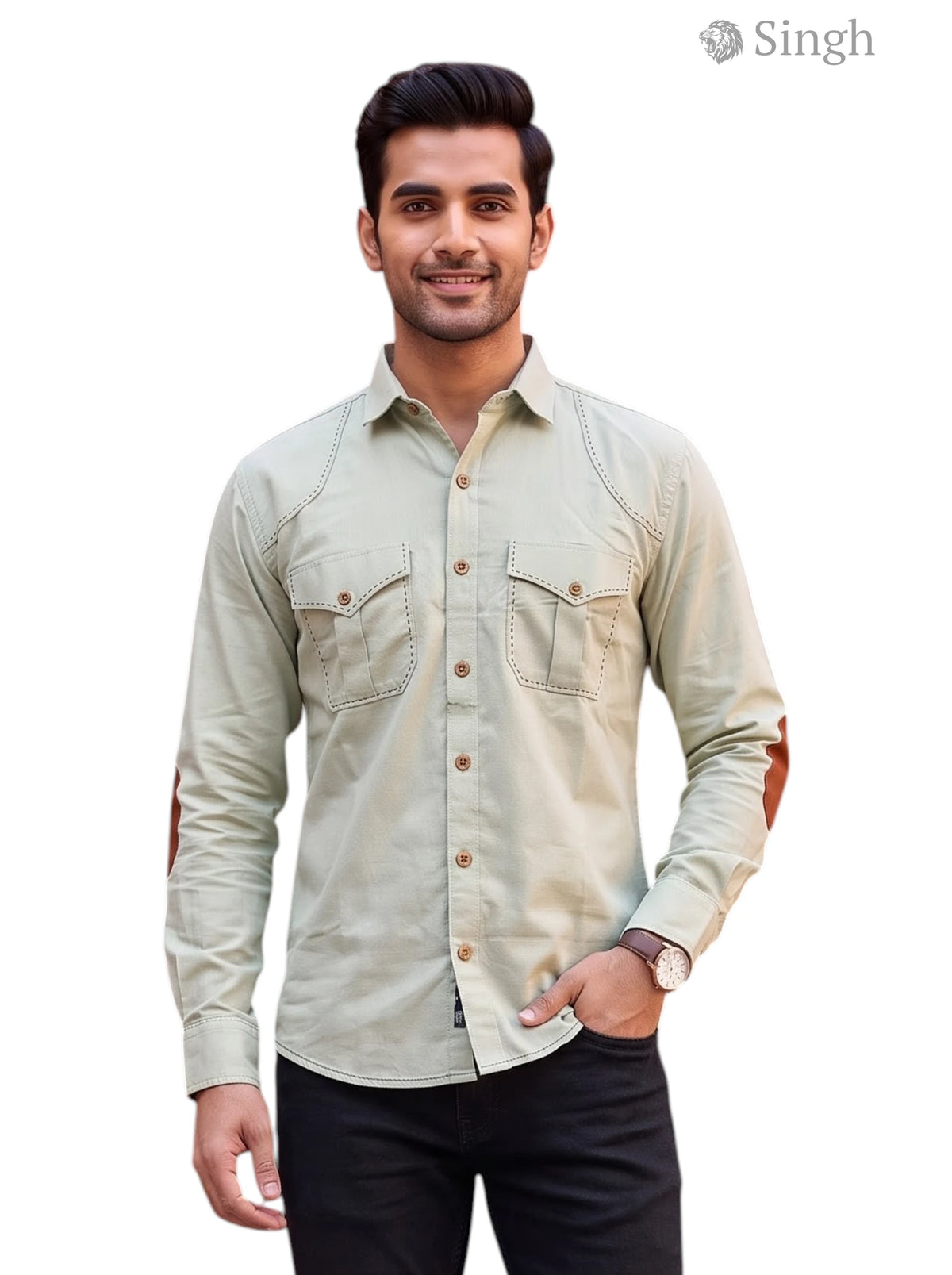M Hunting Shirts in Light Green Cotton with Brown Elbow Patches, featuring SHIRTS-CT 2P-5064-1-M