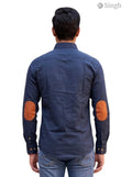 M Hunting Shirt in Navy Blue Cotton, Back View, featuring SHIRTS-CT 2P-5064-1-M with elbow patches