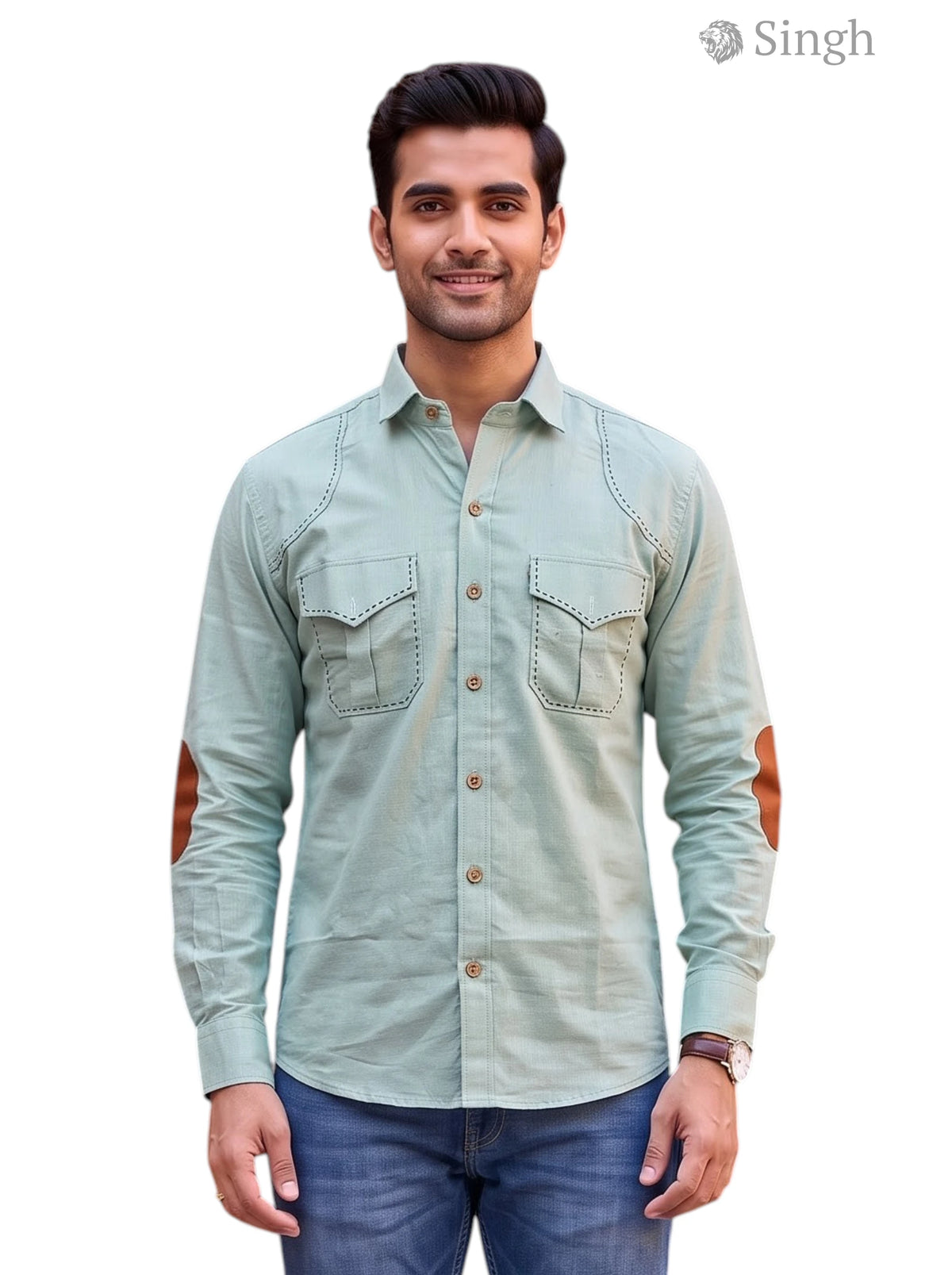 M Hunting Shirts in Light Green Cotton with Elbow Patches, front view of SHIRTS-CT 2P-5064-1-M