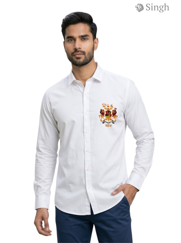Men's white cotton shirt, front view, featuring SHIRTS(MENS)-1506-JADEJA embroidery