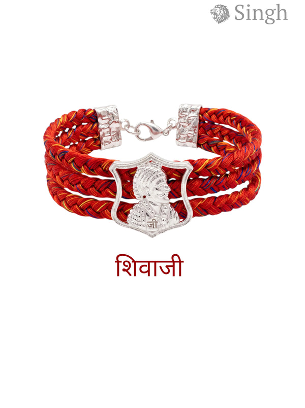 M Handmade Red Cotton Bracelet with Shivaji Logo Moli and Silver Details