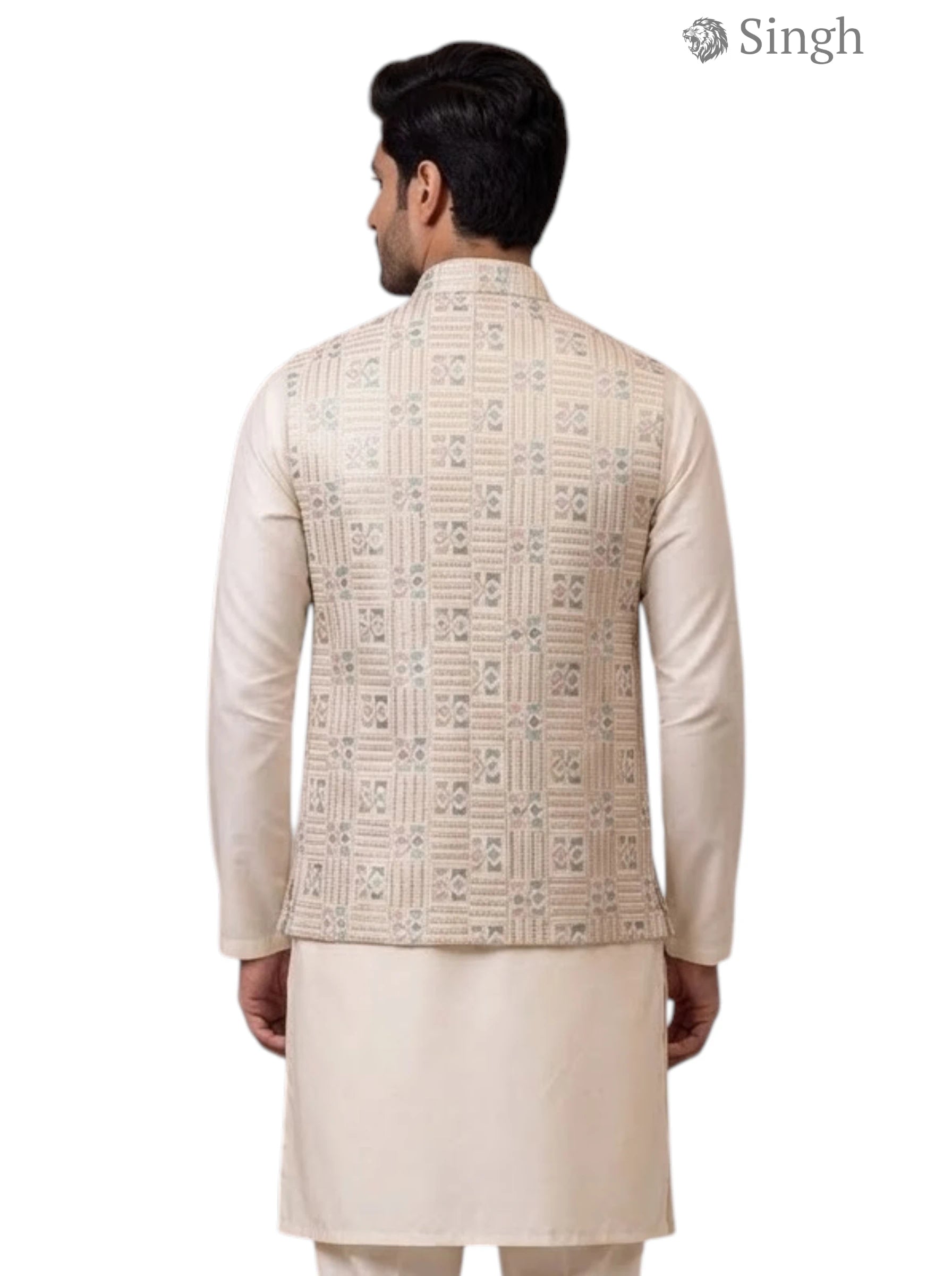 Simple Koti-20-102-2-40 in beige with intricate fabric design, back view of a traditional vest