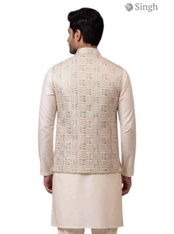 Simple Koti-20-102-2-40 in beige with intricate fabric design, back view of a traditional vest
