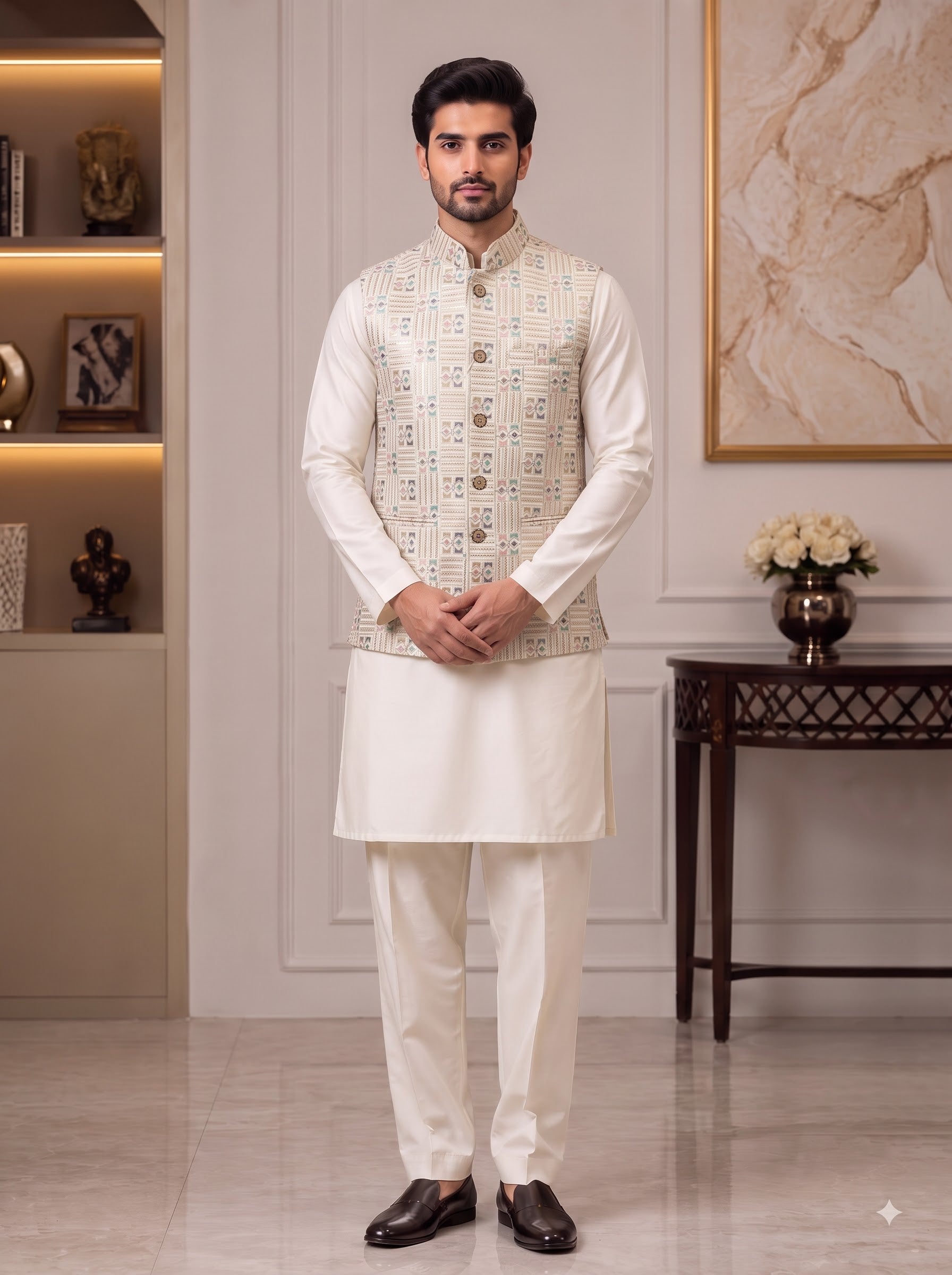 Men's simple koti-20-102-2-40 in beige with printed fabric, shown from the front