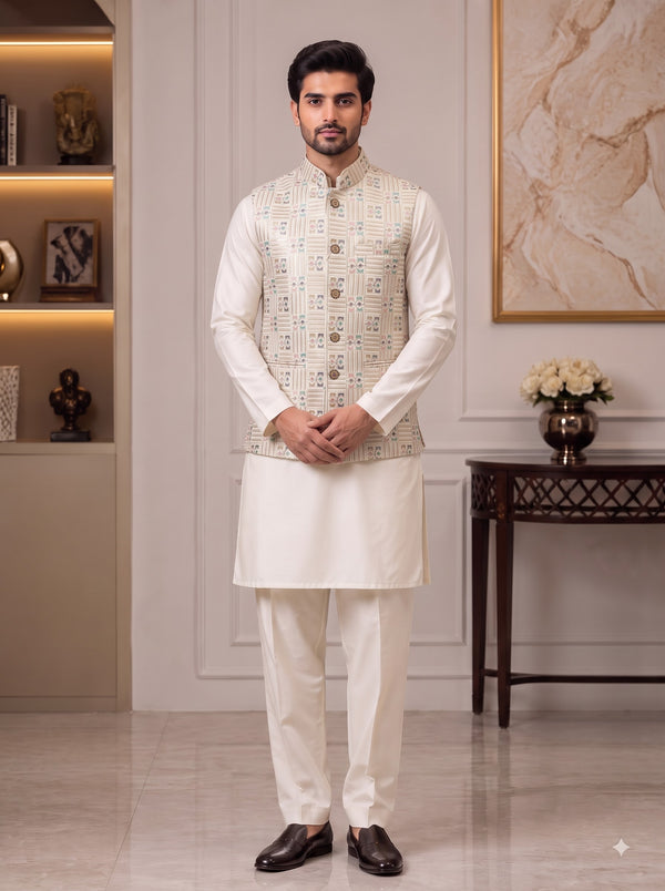 Men's simple koti-20-102-2-40 in beige with printed fabric, shown from the front