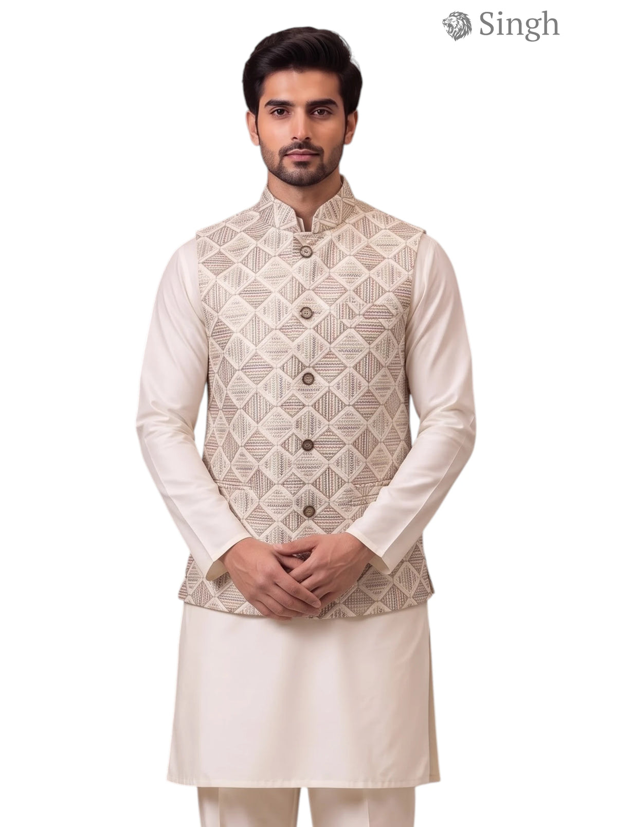 SINGH SIMPLE KOTI-20-102-9-38 in beige cotton with a front view showcasing intricate design
