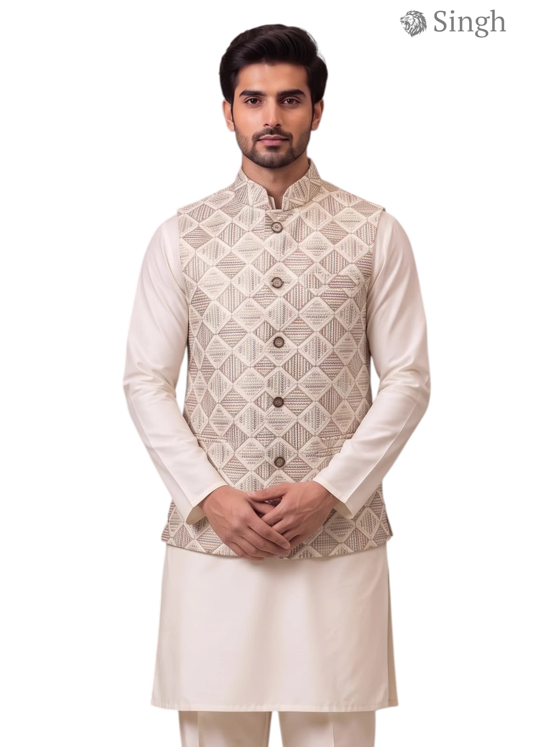 SINGH SIMPLE KOTI-20-102-9-38 in beige cotton with a front view showcasing intricate design