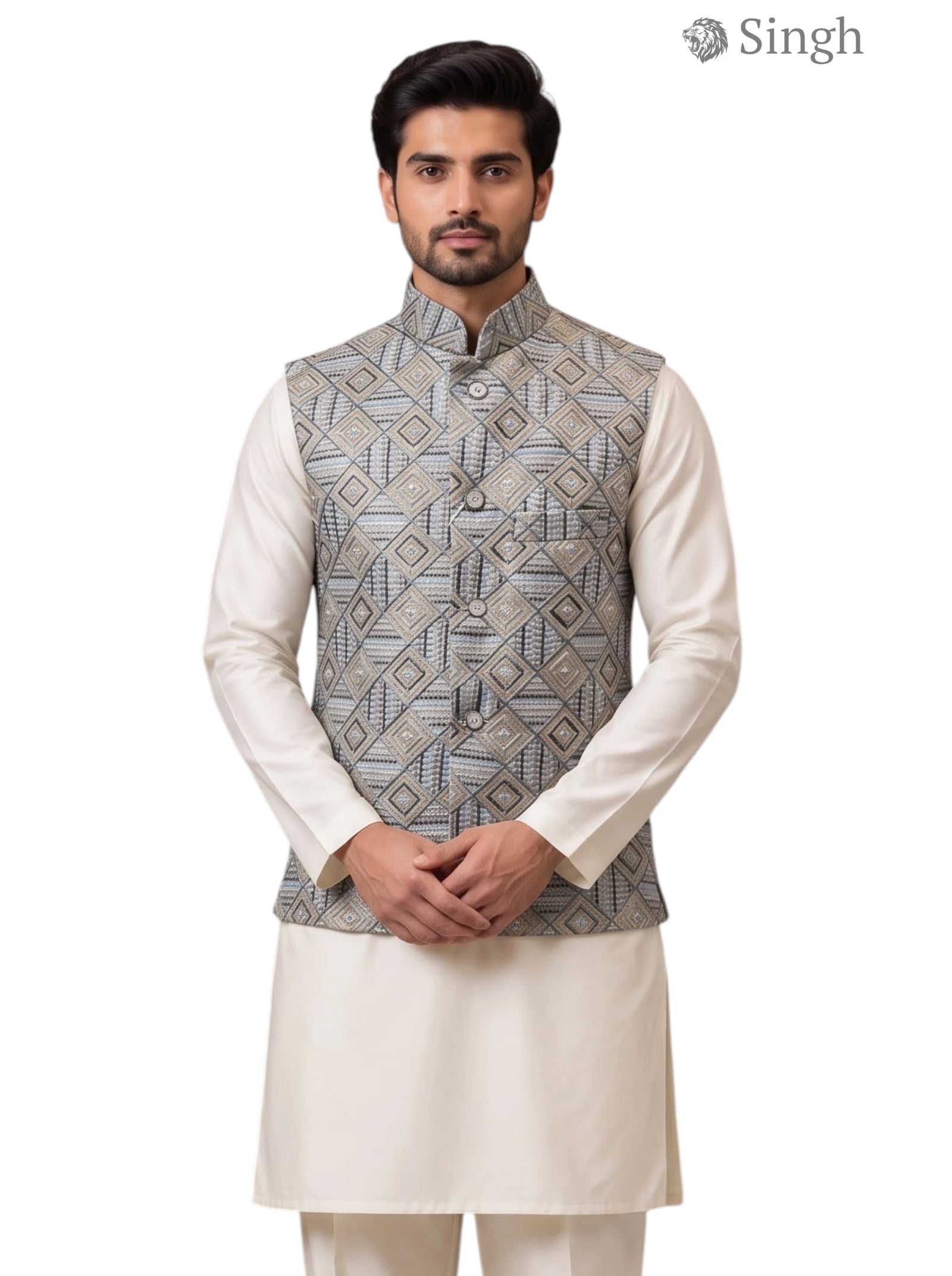 Simple Koti-20-102-9-38 in grey with geometric pattern, made from lightweight fabric, front view