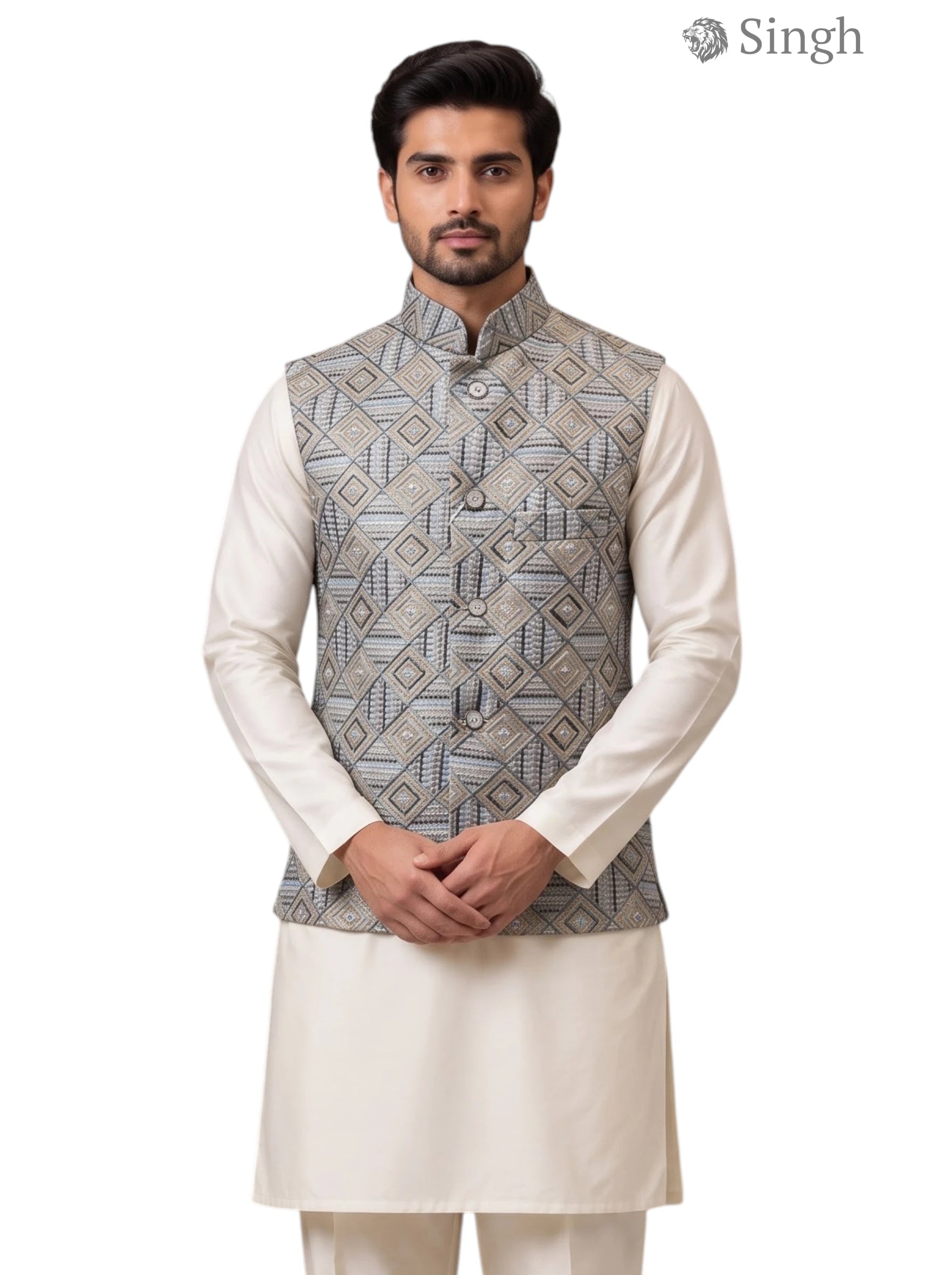 Simple Koti-20-102-9-38 in grey with geometric pattern, made from lightweight fabric, front view