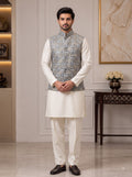 Men's SIMPLE KOTI-20-102-9-38 in gray with intricate design, featuring a stitched collar and elegant kurta
