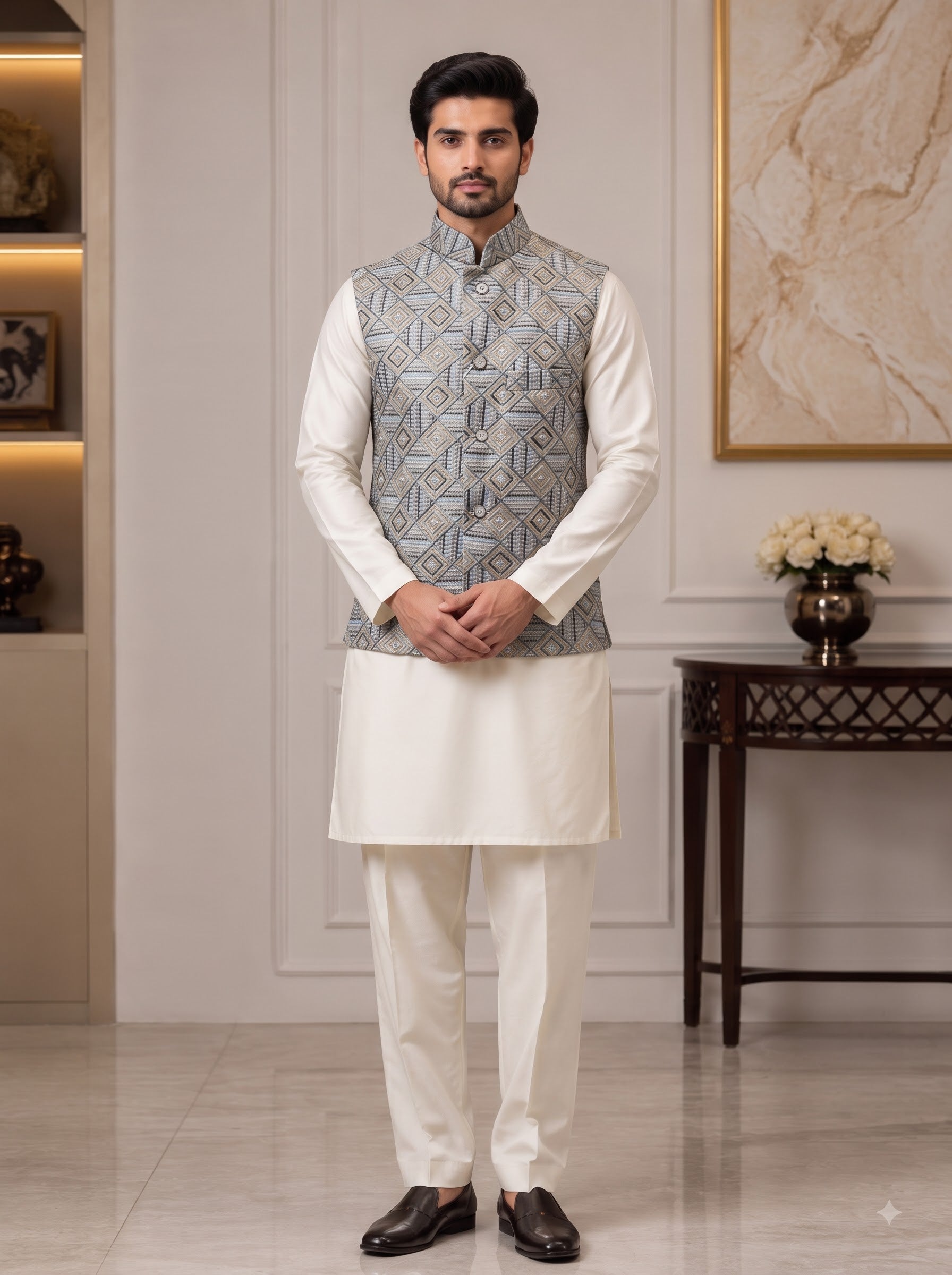 Men's SIMPLE KOTI-20-102-9-38 in gray with intricate design, featuring a stitched collar and elegant kurta