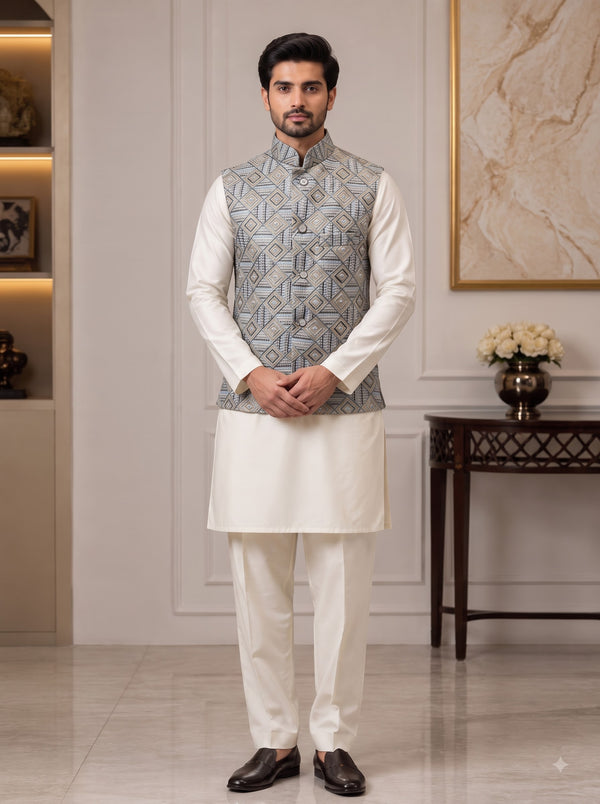 Men's SIMPLE KOTI-20-102-9-38 in gray with intricate design, featuring a stitched collar and elegant kurta