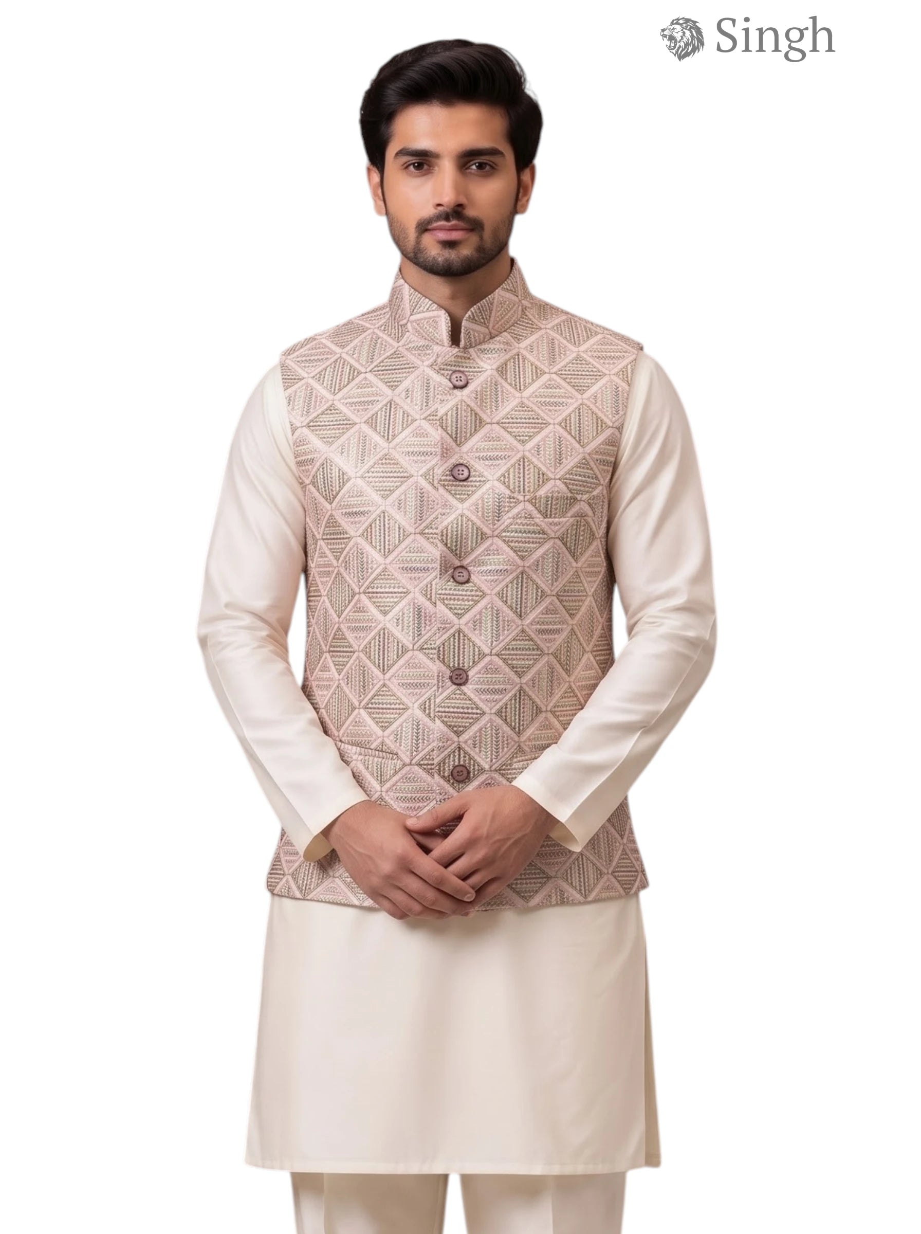 SIMPLE KOTI-20-102-9-38 beige silk vest from Singh at front angle