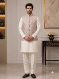 Traditional men's festive wear in beige with intricate pattern, featuring SIMPLE KOTI-20-102-9-38