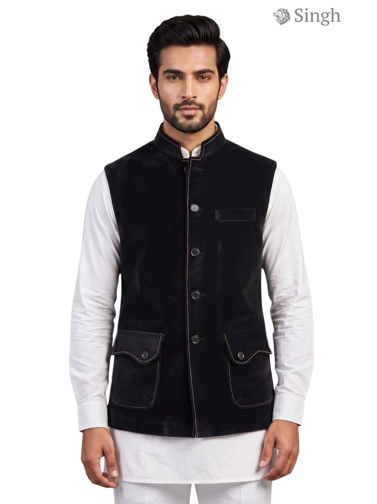 Mens Koti in black velvet with button front and pockets. Simple Koti CT (MENS)-2003-5.