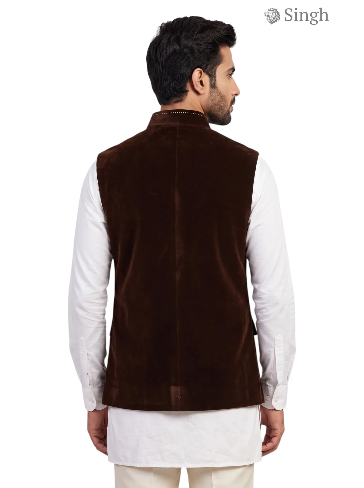 Mens koti in brown velvet from Singh, back view showing simple koti CT (MENS)-2003-5 design