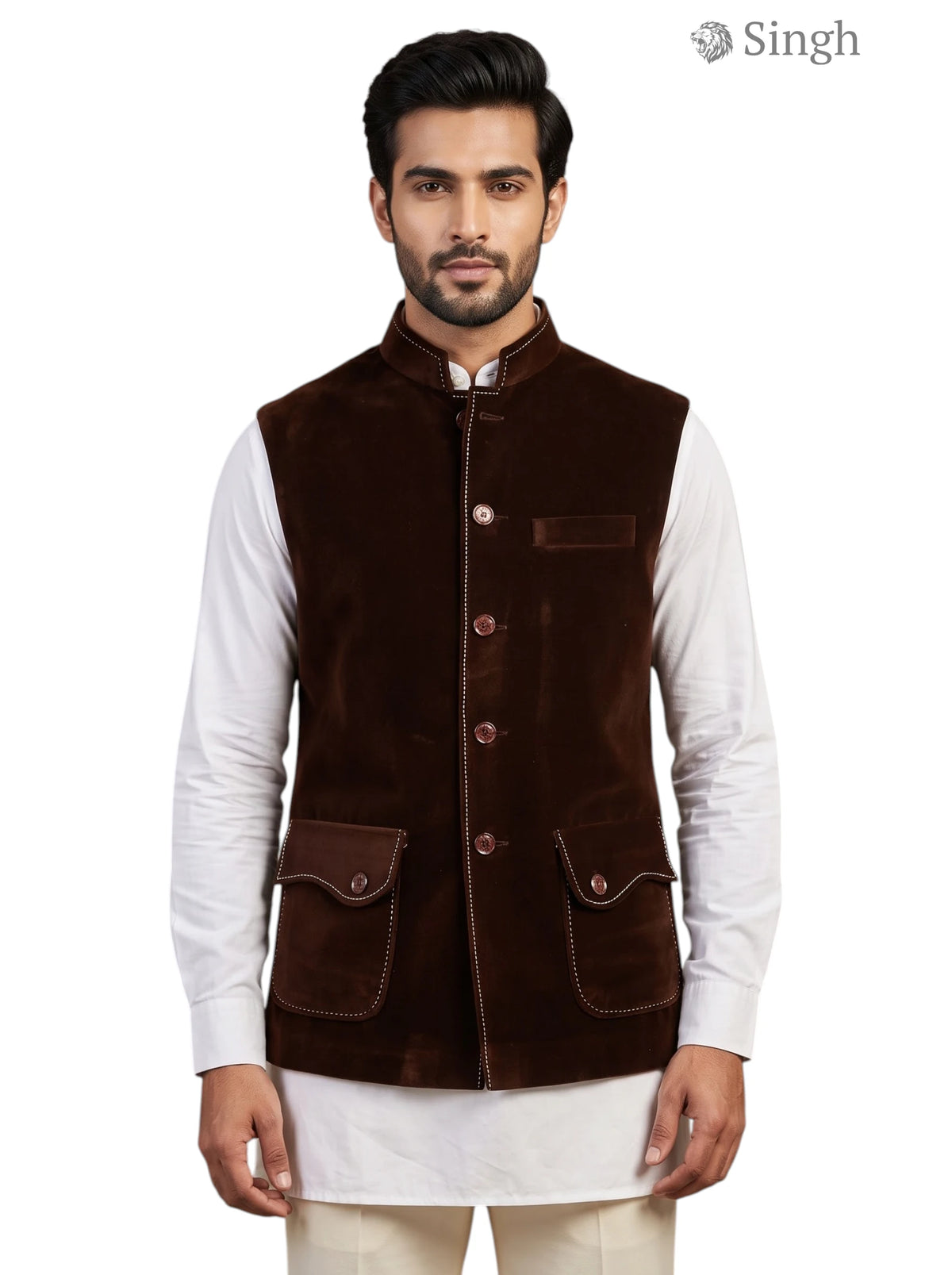 Mens Koti in Brown Velvet Fabric, Front View; SIMPLE KOTI CT (MENS)-2003-5