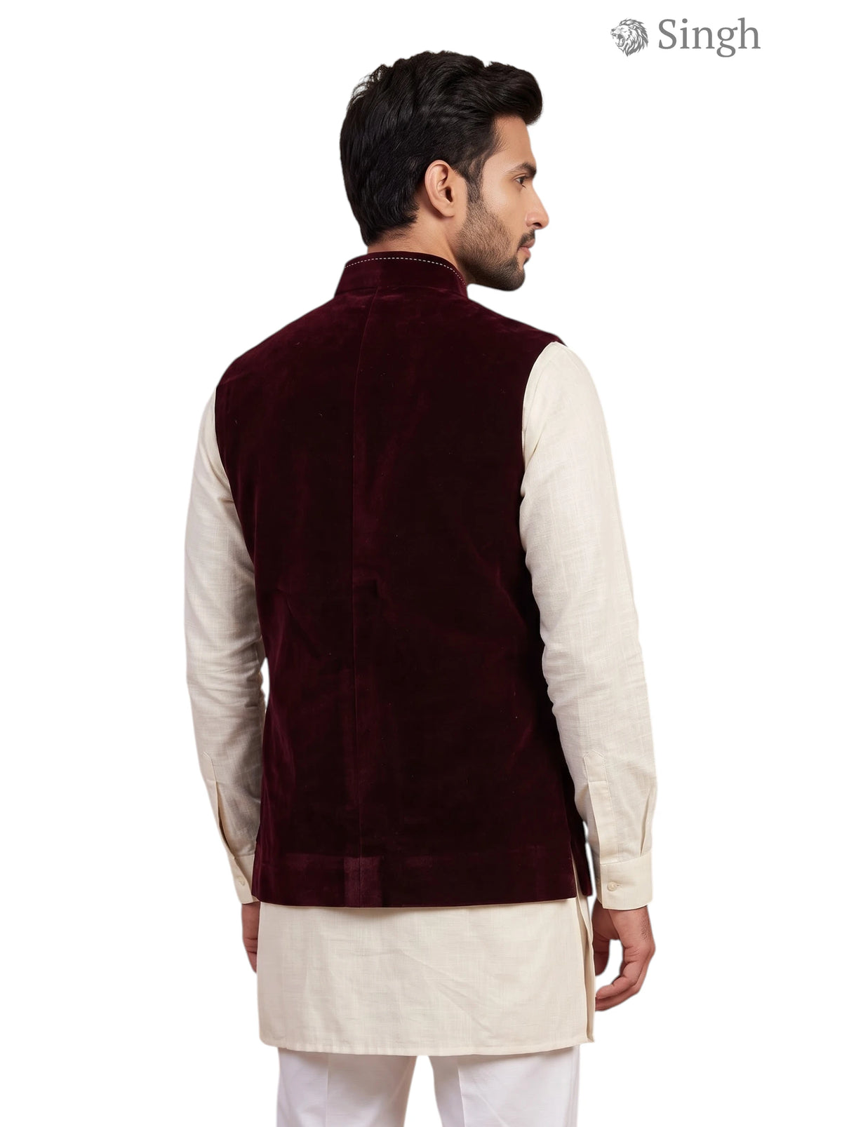 Men's Koti in deep burgundy velvet fabric, back view showcasing SIMPLE KOTI CT (MENS)-2003-5 design