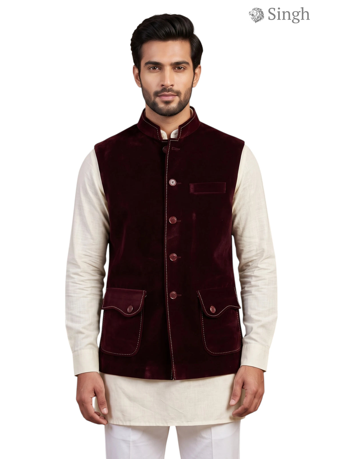 Mens Koti in burgundy velvet, front view with pockets; SIMPLE KOTI CT (MENS)-2003-5