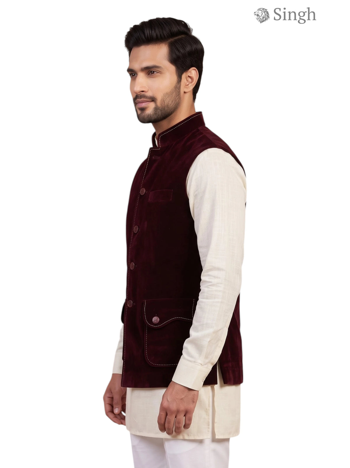 Mens Koti in burgundy velvet, side view, featuring Simple KOTI CT (MENS)-2003-5 design