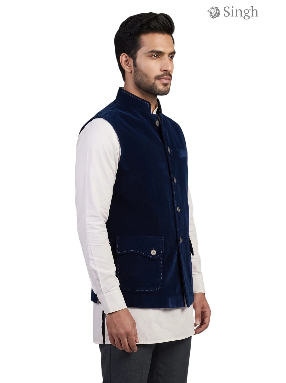 Mens Koti in navy blue velvet from Singh, side view featuring SIMPLE KOTI CT (MENS)-2003-5