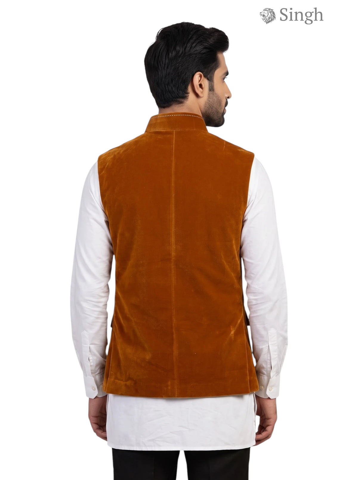 Mens Koti in orange velvet from Singh, back view, features Simple KOTI CT (MENS)-2003-5