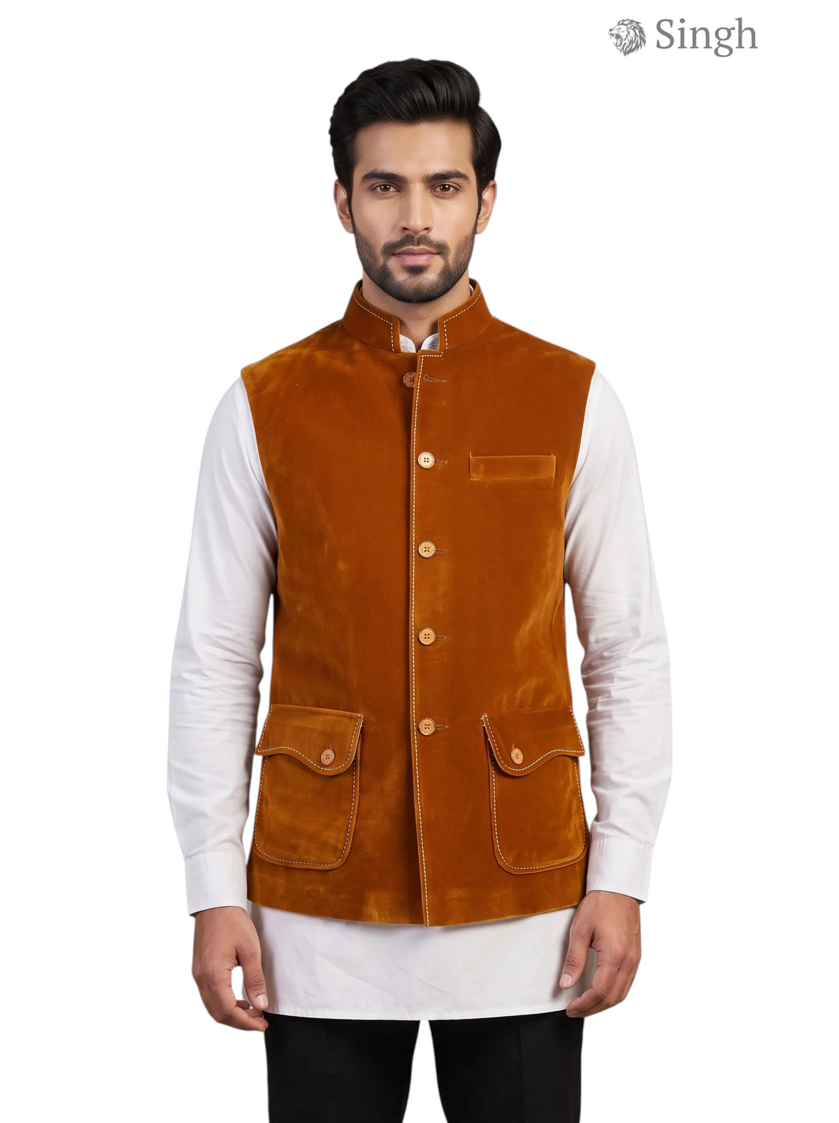 Mens Koti in Amber Color with Velvet Fabric Front View - SIMPLE KOTI CT (MENS)-2003-5