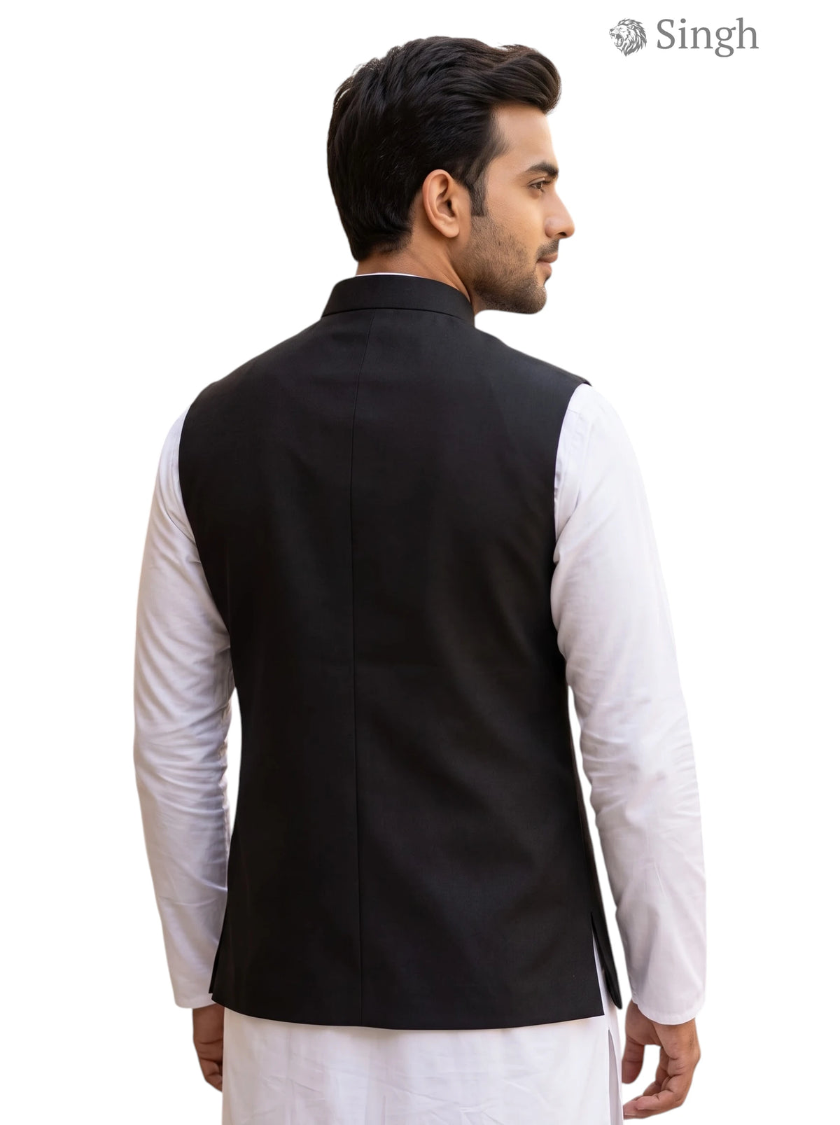 Men's Koti in black fabric, back view showcasing a sleek design, featuring SIMPLE KOTI (MENSD)-2001-1