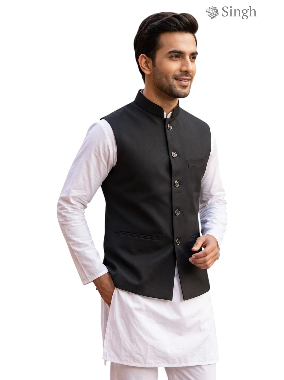 Mens Koti in black fabric, front view, featuring a simple koti (MENSD)-2001-1 design.