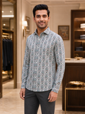 SINGH men’s cream turquoise paisley print shirt 45 degree view