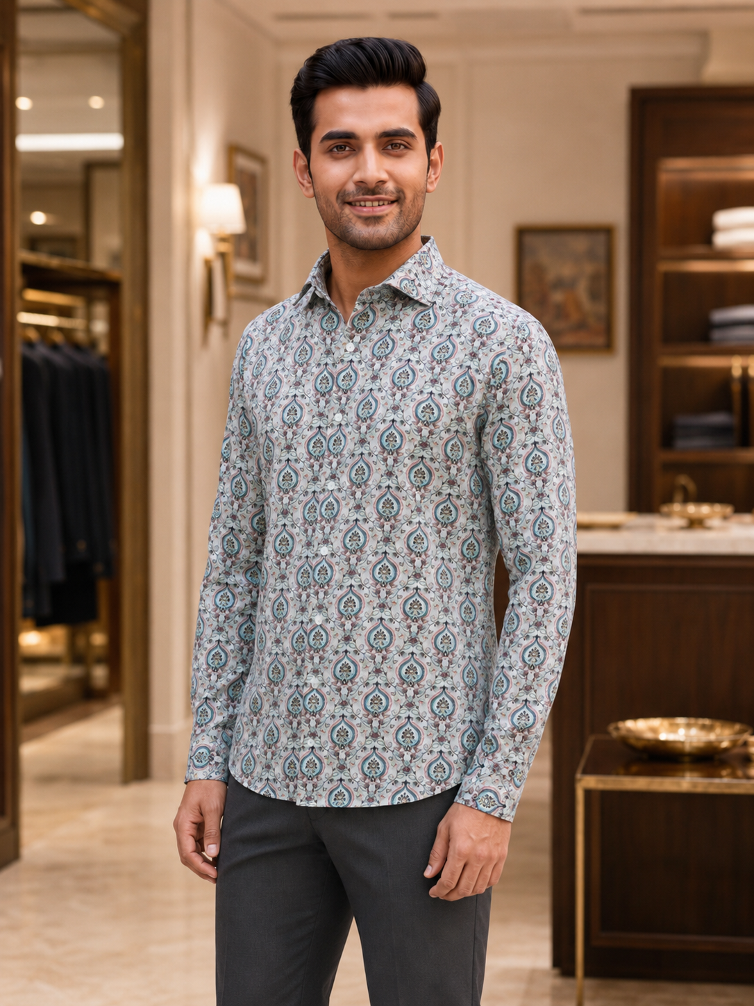 SINGH men’s cream turquoise paisley print shirt 45 degree view