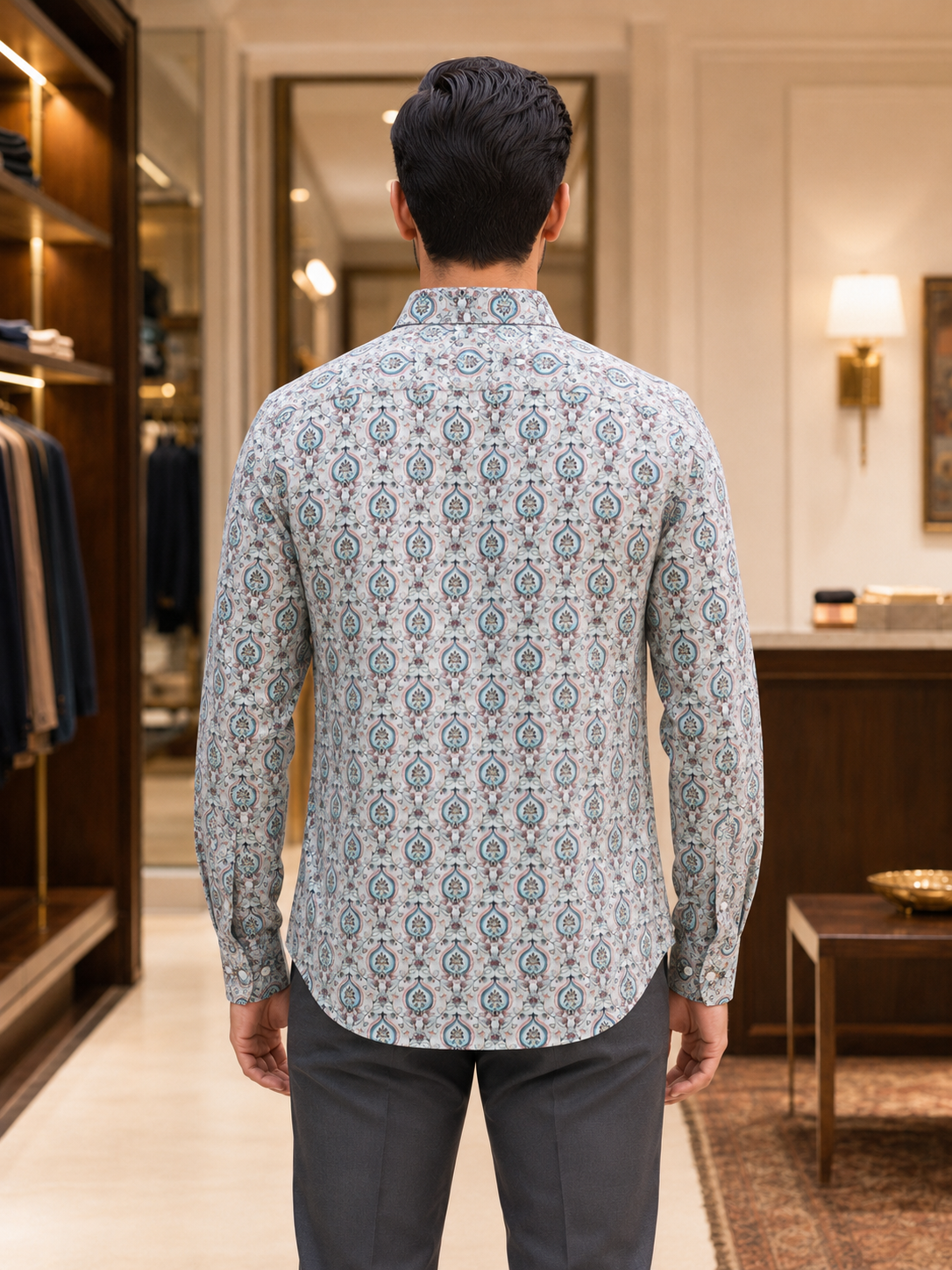 SINGH men’s cream turquoise paisley print full-sleeve shirt back view
