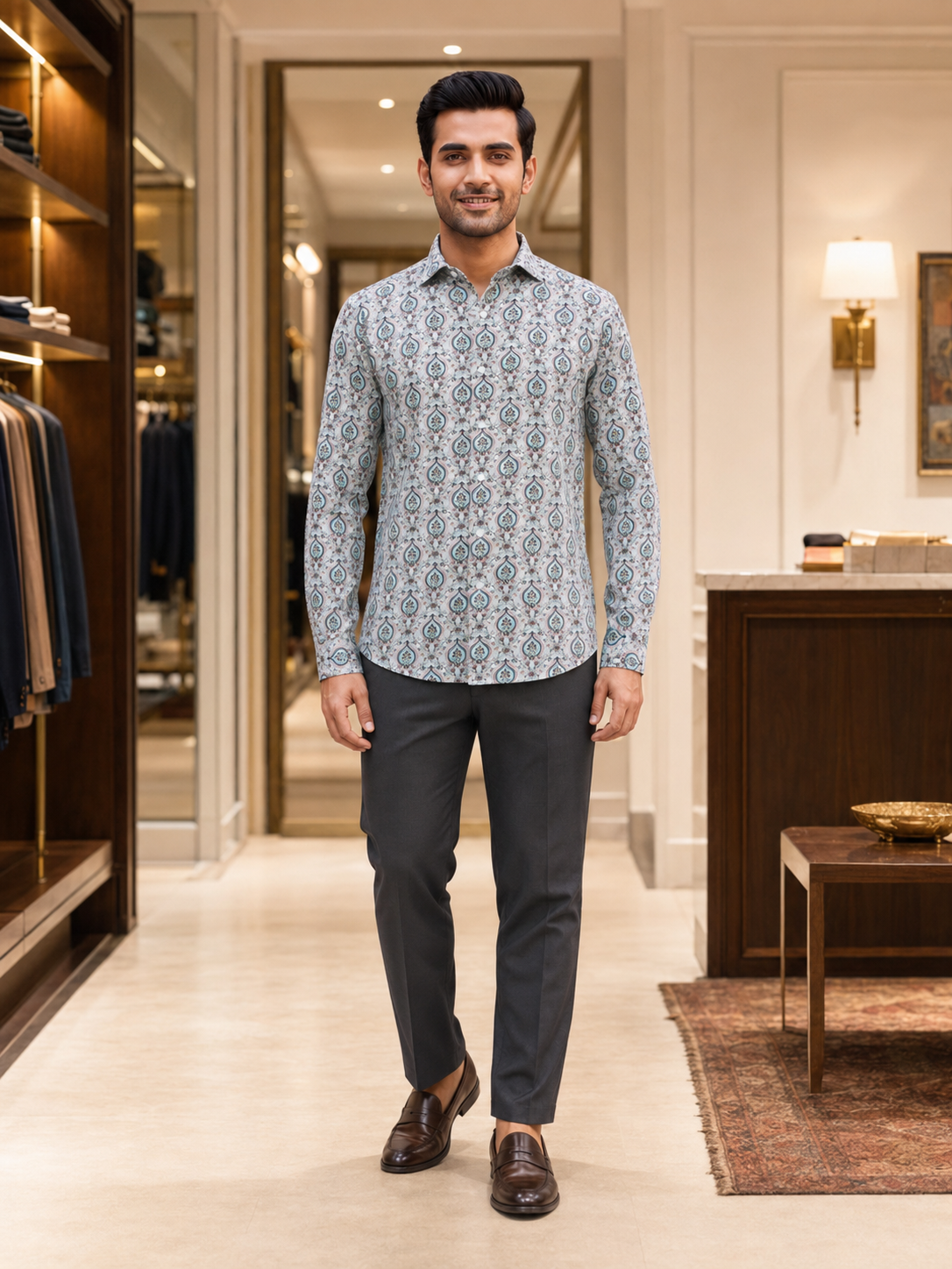 SINGH men’s cream turquoise paisley print shirt full front lifestyle view