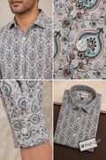 SINGH cream turquoise paisley print shirt collar fabric cuff and folded details