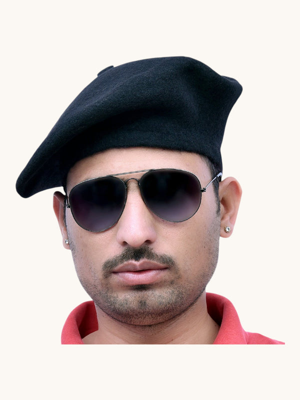 Default Black Beret Cap in Wool from Side Angle - Beret Cap Online