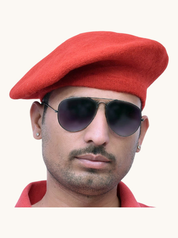 Default red wool beret cap online worn by a man with sunglasses for a stylish look