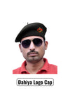 Black Dahiya Logo & Beret Cap By Singh Brand made of fabric shown on a model wearing sunglasses