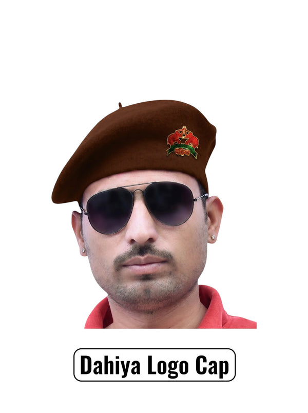 Default brown fabric beret cap worn by a model featuring Dahiya Logo & Beret Cap By Singh Brand