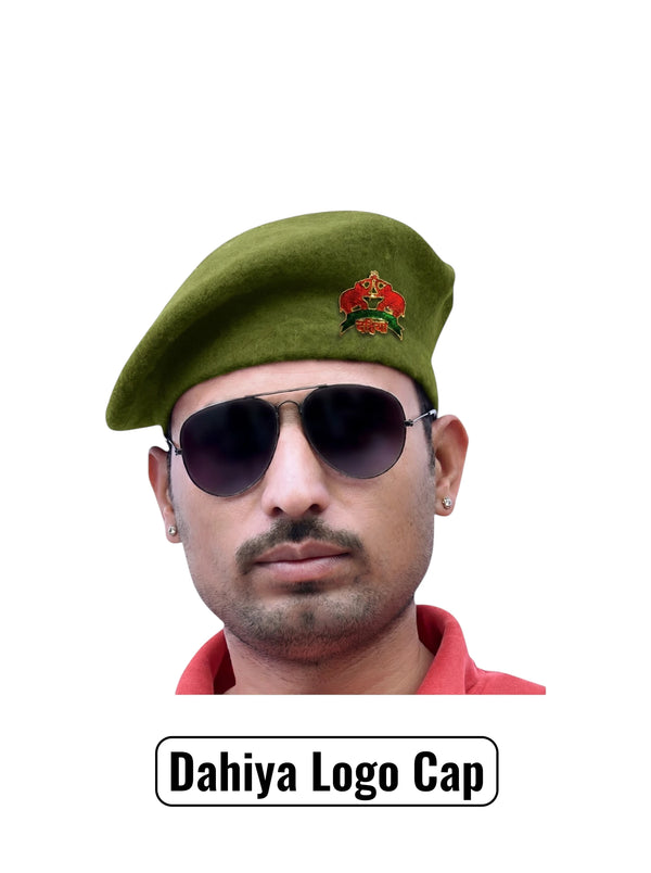 Beret Cap in Olive Green Fabric from Side Angle featuring Dahiya Logo & Beret Cap By Singh Brand