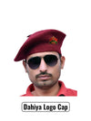 Default maroon beret cap in wool worn at an angle featuring Dahiya Logo & Beret Cap By Singh Brand