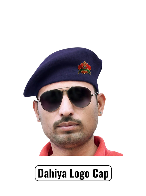 Default navy beret cap in fabric with Dahiya Logo & Beret Cap By Singh Brand