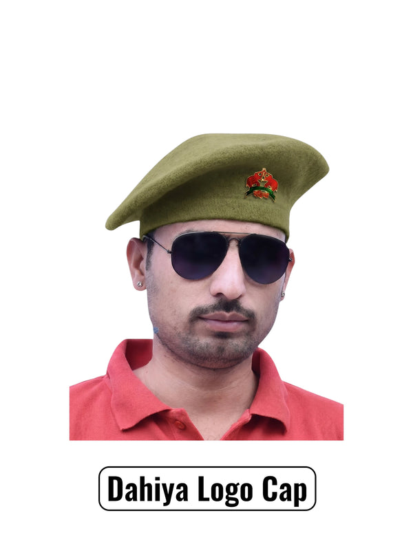 Green Wool Beret Cap Worn at an Angle featuring Dahiya Logo & Beret Cap By Singh Brand