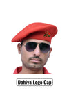Default red wool beret cap worn at a slight angle featuring Dahiya Logo & Beret Cap By Singh Brand