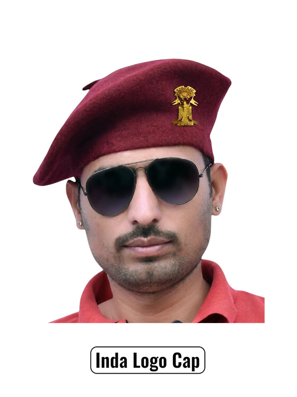 Default maroon wool Inda Lobo & Beret Cap By Singh Brand worn at a slight angle on a model