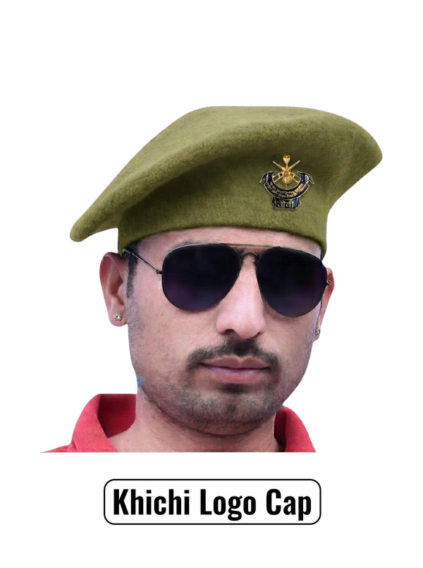 Default olive green beret cap by Singh brand showcasing Khichi Logo from the front angle