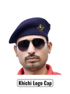 Default navy beret cap by Singh Brand, featuring Khichi Logo & Beret Cap By Singh Brand worn with sunglasses