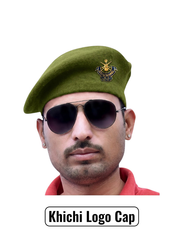 Default olive green beret cap fabric worn at an angle featuring Khichi Logo & Beret Cap By Singh Brand