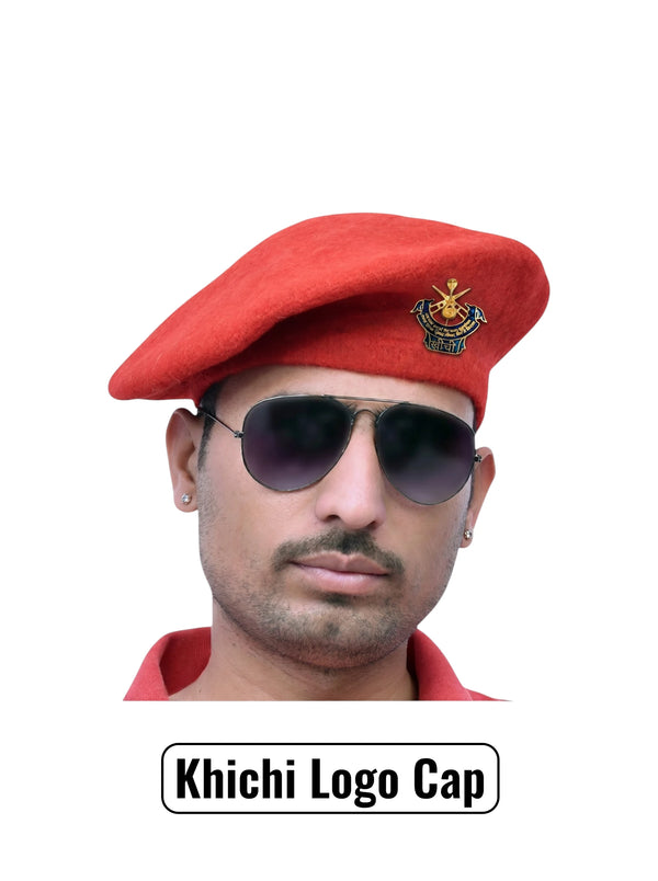 Default red beret cap in fabric worn at an angle featuring Khichi Logo & Beret Cap By Singh Brand