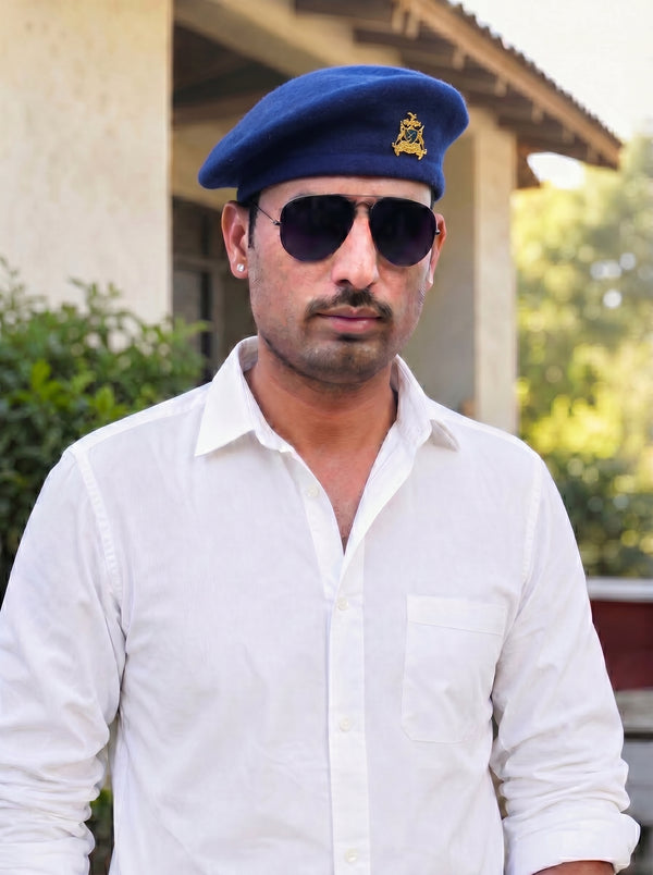 Blue beret cap combo by Singh Brand Modern Marwar worn with a white shirt