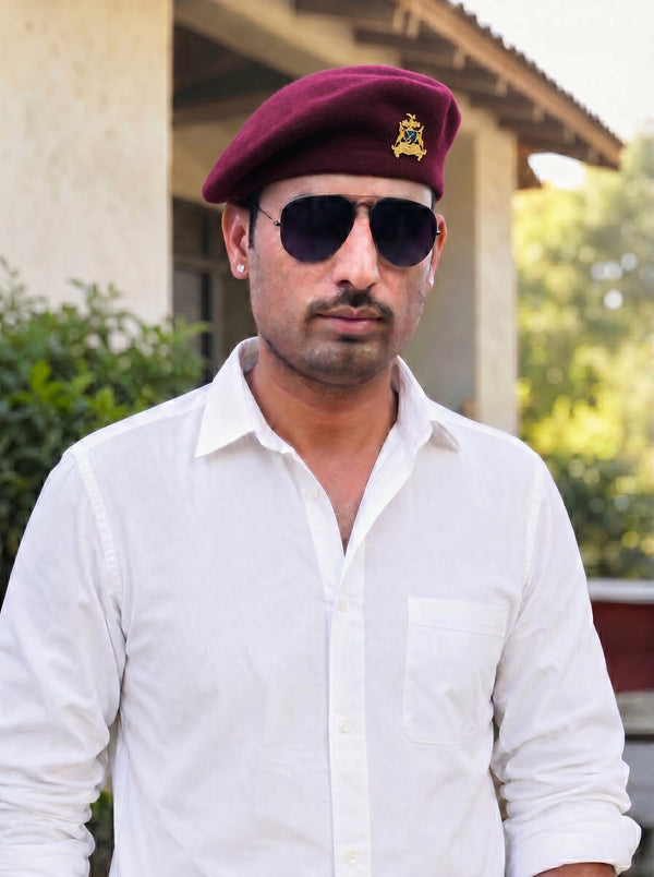 Casual white cotton shirt with a maroon beret cap, featuring the Bhati Lobo & beret cap combo by singh brand modern marwar